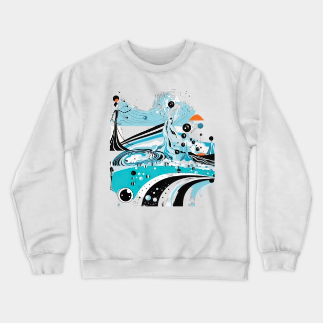 Whimsical Water Drops: A Modern Abstract Black and White Drawing Illustration of a Sky-Blue and Aquamarine Person Crewneck Sweatshirt by naars90